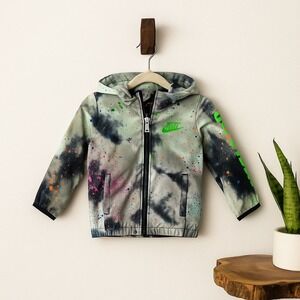 Nike Windbreaker Jacket Kids 4T Neon Green Splatter Paint Hooded Zip Up Rain